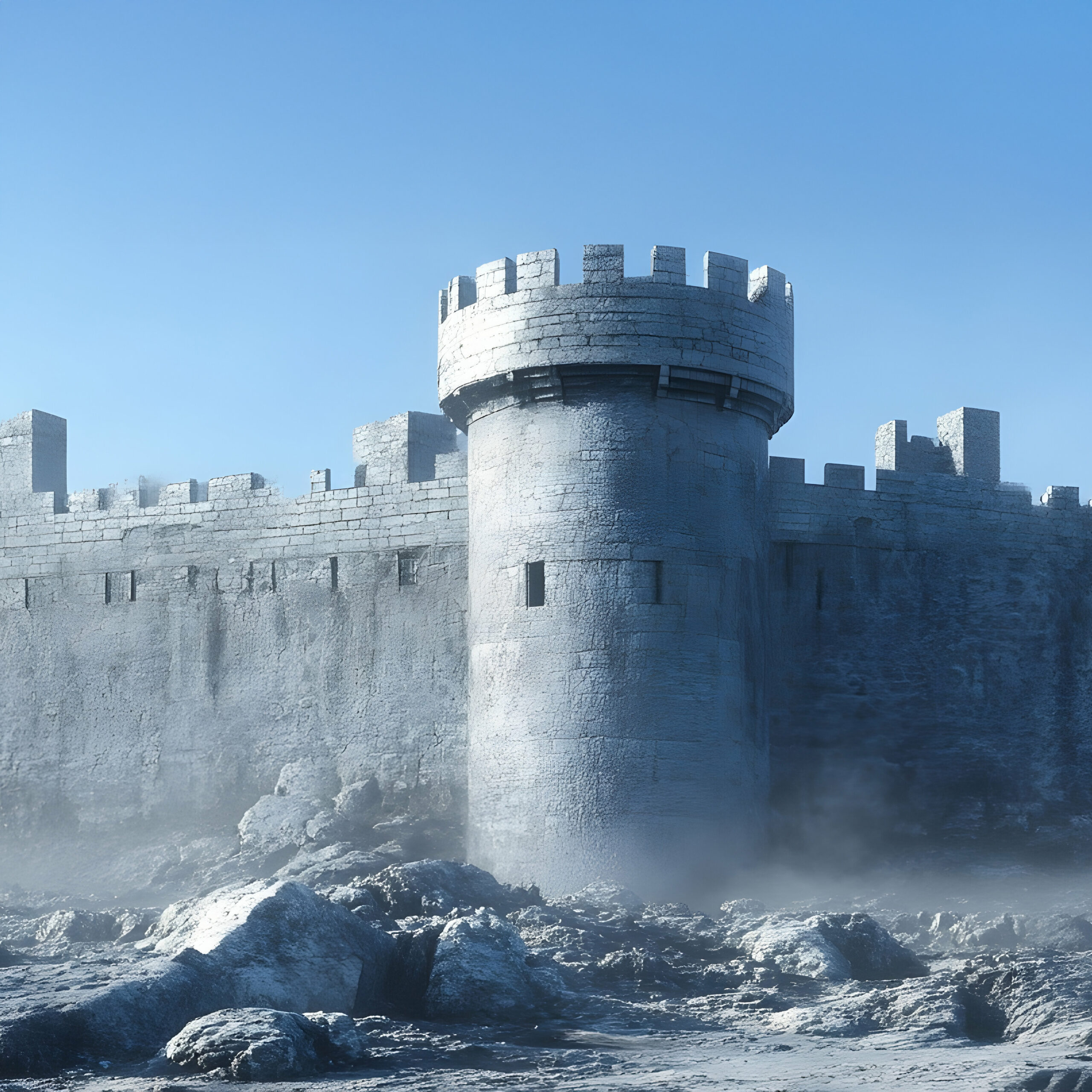 Stone Castle 3D Render: A Fortified Structure Amidst a Rocky Landscape