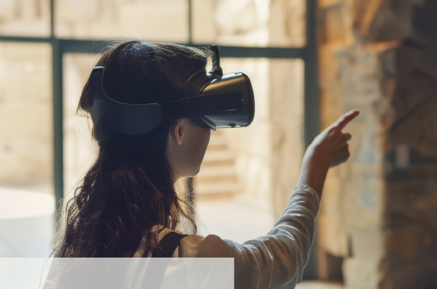 A person with virtual reality goggles exploring an ancient, ruin-filled corridor, merging modern technology with historical exploration.