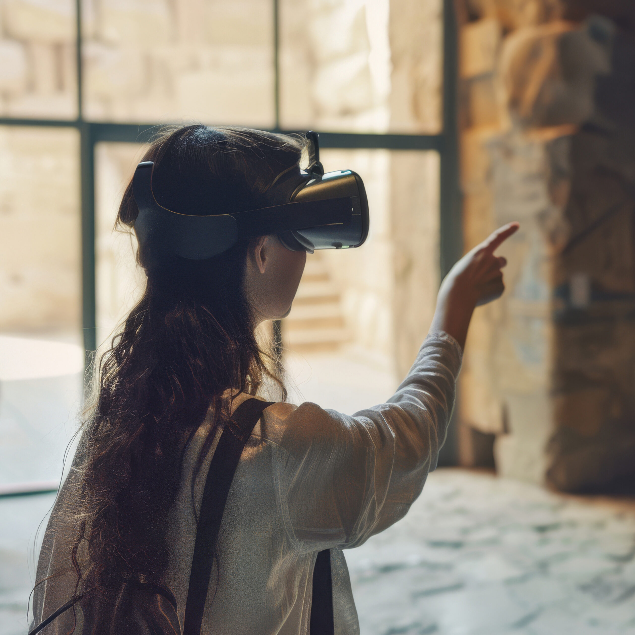 A person with virtual reality goggles exploring an ancient, ruin-filled corridor, merging modern technology with historical exploration.